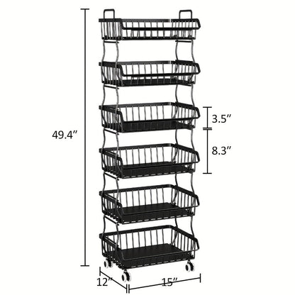 6-Tier Stackable Metal Wire Storage Basket Organizer with Wheels – Rolling Kitchen Pantry Rack for Fruits Vegetables Utensils