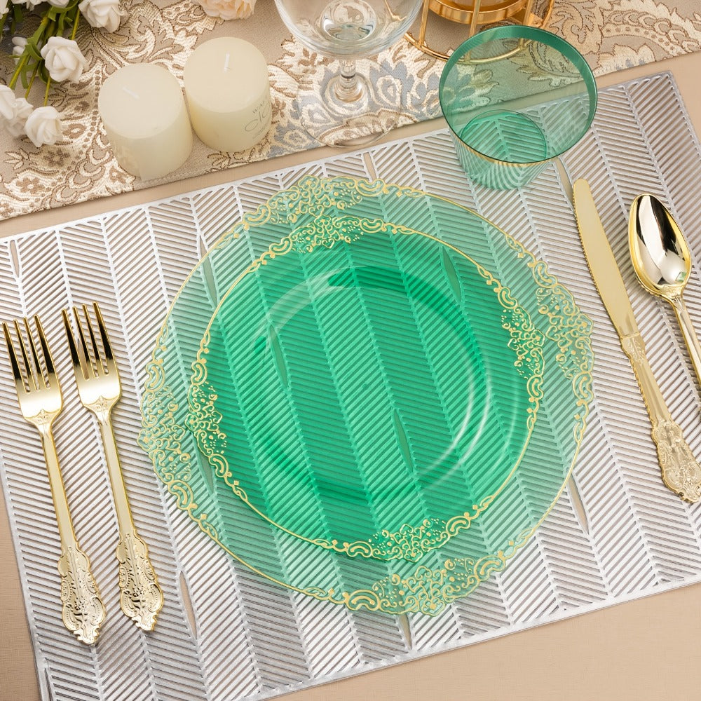 Disposable Party Plates Set 175 Pieces for 25 Guests Clear Plastic Plates with Gold Trim for Entryways, Bedrooms and Living Spaces