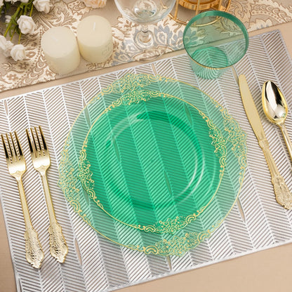 Disposable Party Plates Set 175 Pieces for 25 Guests Clear Plastic Plates with Gold Trim for Entryways, Bedrooms and Living Spaces