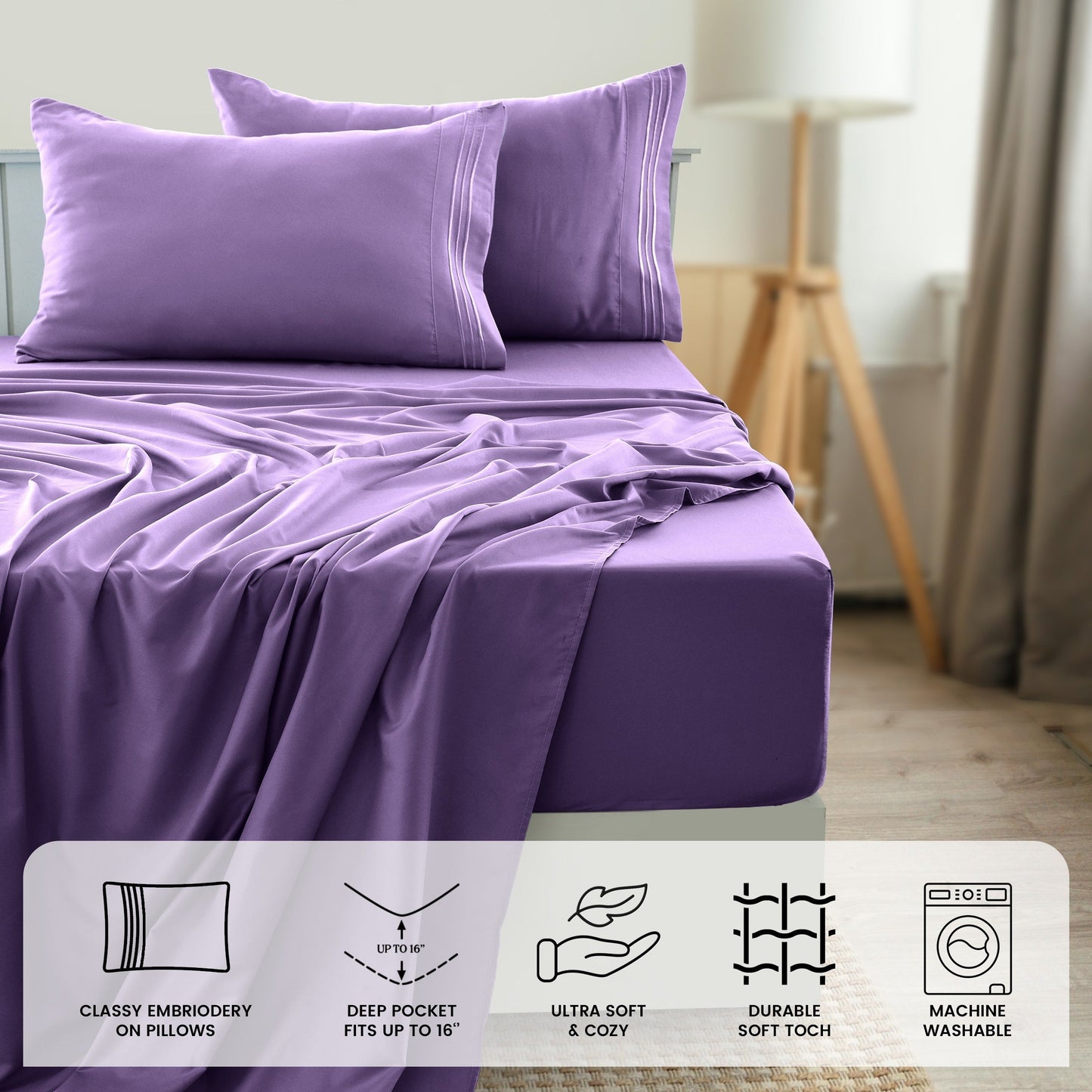 Fitted Sheet Set 6-Piece Brushed Polyester Deep Pocket Bed Sheets 20 Colors Hotel Luxury Bedding with Embroidered Pillowcases