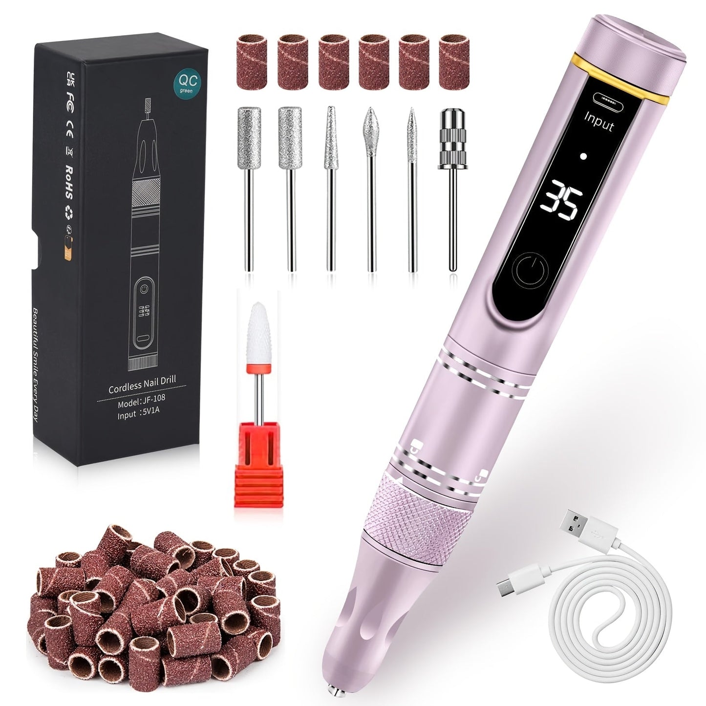 Electric Nail Drill 35000 RPM Rechargeable Pen with Digital Display, Forward Reverse and Three Colors