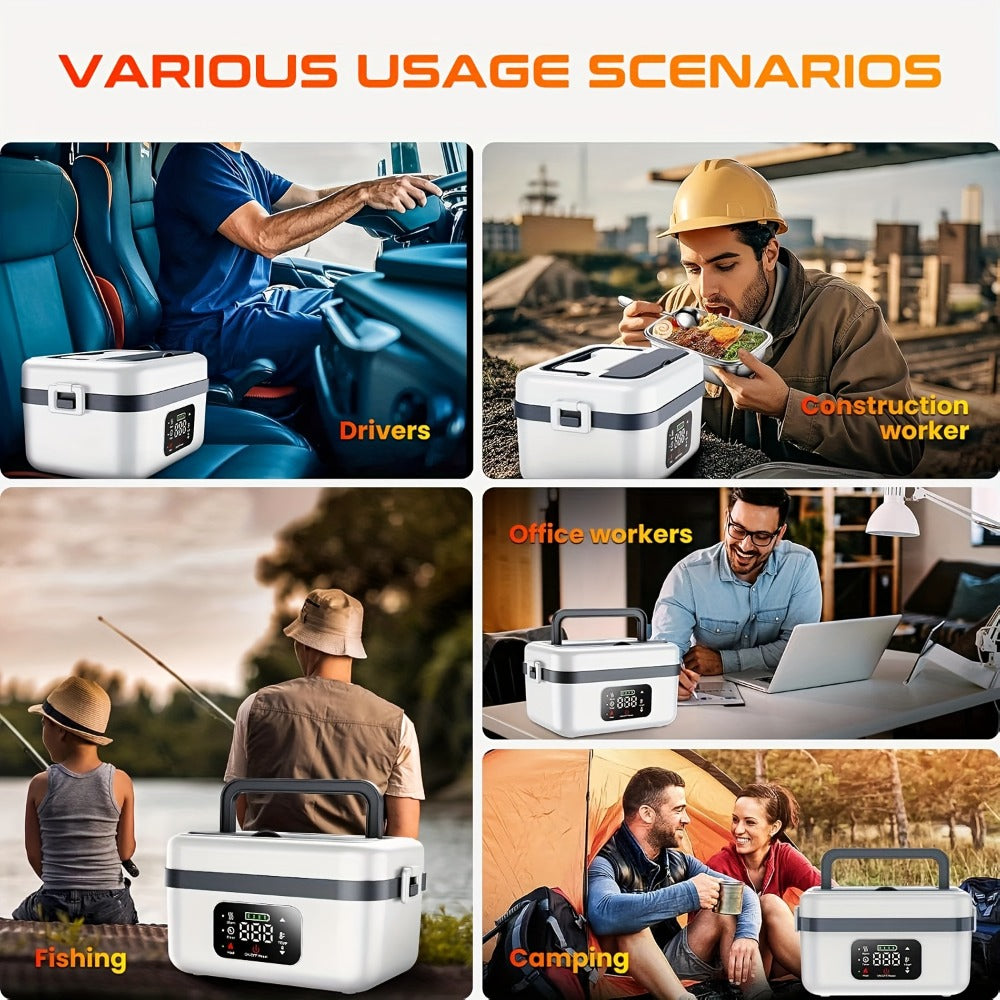 Heated Lunch Box, 8000mAh Battery-Powered 60W 1L Food Warmer with Timer and Power Bank Function