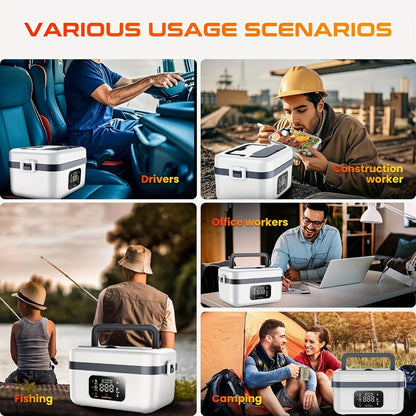 Heated Lunch Box, 8000mAh Battery-Powered 60W 1L Food Warmer with Timer and Power Bank Function