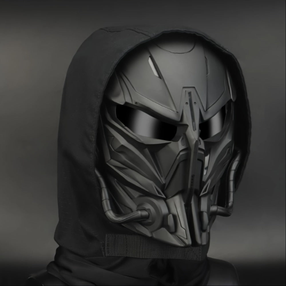 Black Mechanical Costume Mask with Sculpted Lower-Face Panel, Dark Eye Visor and Side Vent Details