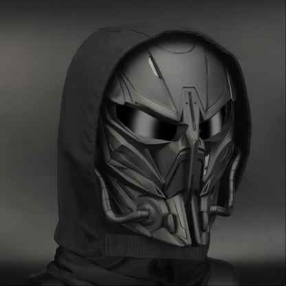 Black Mechanical Costume Mask with Sculpted Lower-Face Panel, Dark Eye Visor and Side Vent Details
