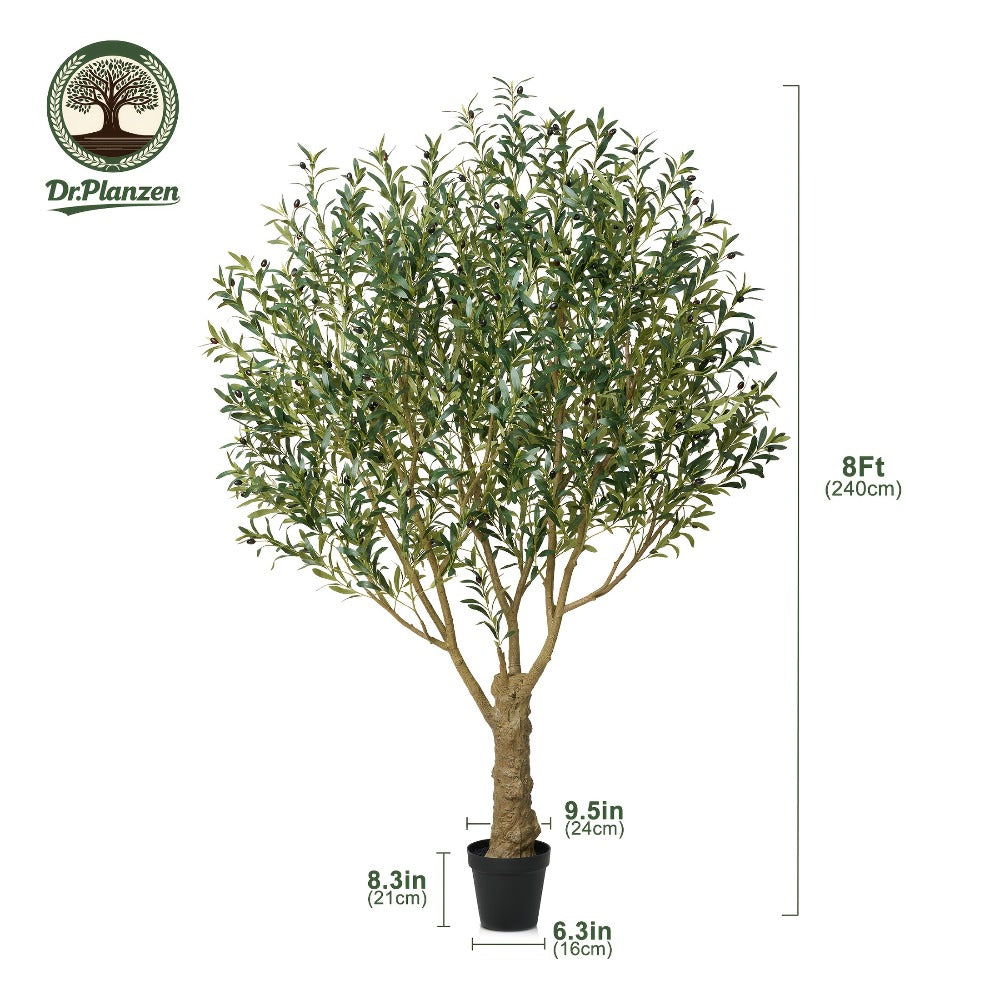 Potted Olive Artificial Tree with 5, 6, 7 and 8 ft Height Options, Black Planter and Branching Green Leaves