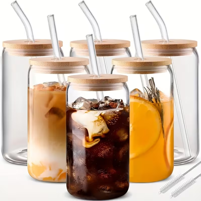 Drinking Glasses Set with Lid and Straw 550ml Oval Glass Cups 4 or 6 Piece, for Home Cooking, Dining and Outdoor Meals