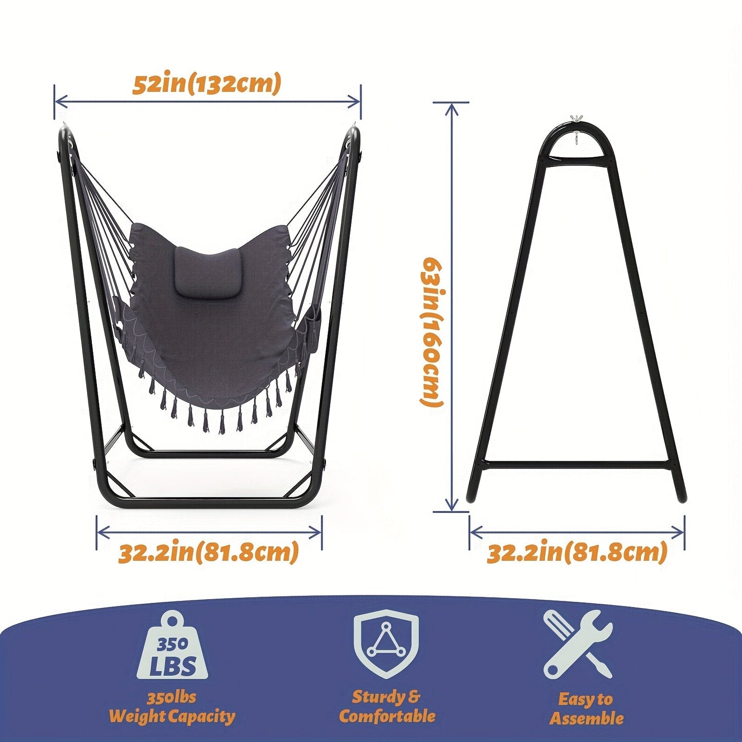 U-Shaped Hammock Chair Stand with Free Hanging Chair, Double Tube Steel Frame, Powder Coat, Side Pocket Included