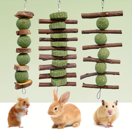 Grass Cake Chew Toys 3pcs – Natural Woven Hay Cake Teeth Grinding Strings for Hamsters, Rabbits & Small Pets