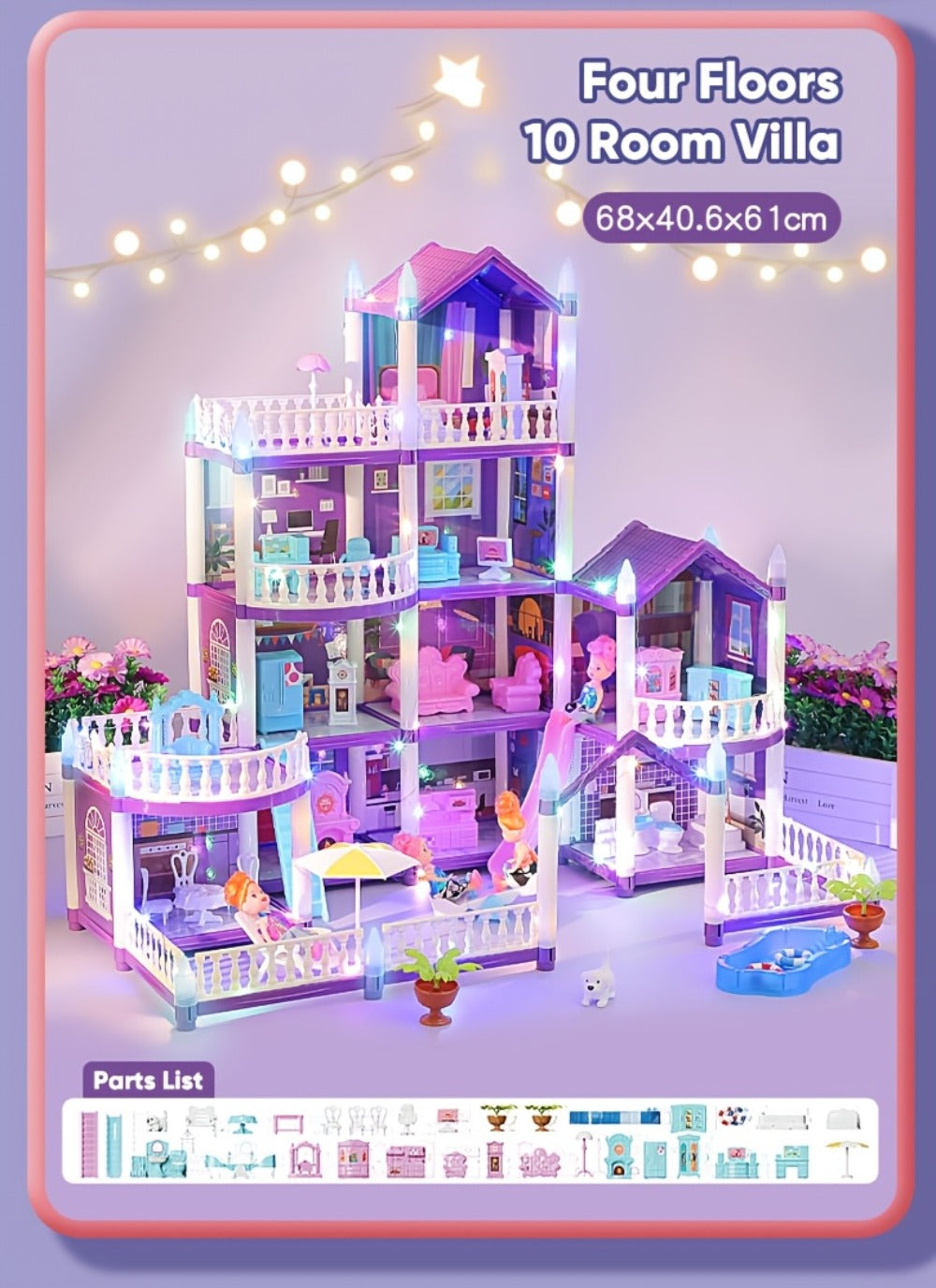 LED Dollhouse Playset for Girls, Purple Multi-Room Playhouse with Doll Figures, Puppies, Furniture & LED Lighting