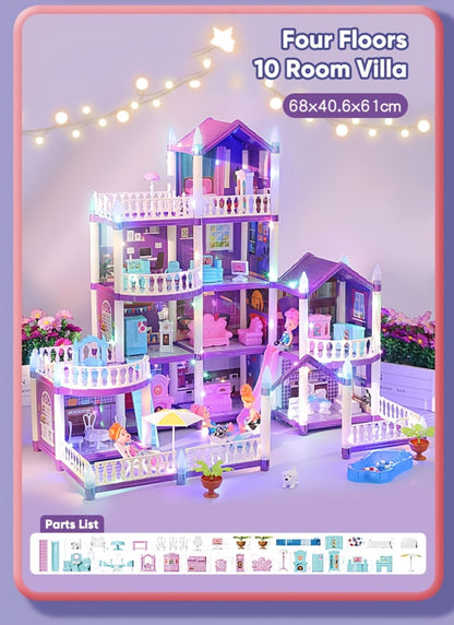 LED Dollhouse Playset for Girls, Purple Multi-Room Playhouse with Doll Figures, Puppies, Furniture & LED Lighting