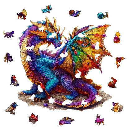 Dragon Wooden Jigsaw Puzzle Gemstone Fantasy – Colorful Irregular Animal Shaped Pieces, Unique Non-Repetitive Plywood Brain Teaser