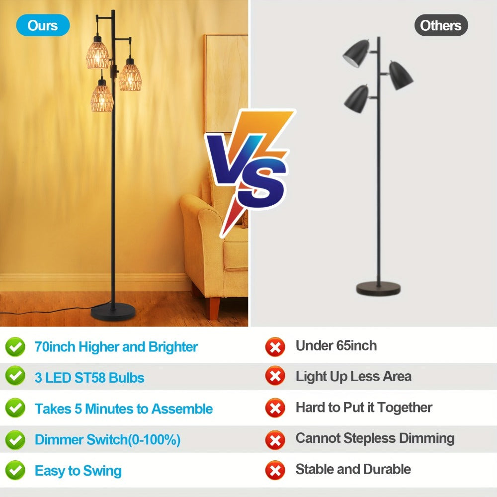 Boho Rattan Floor Lamp Dimmable, 3-Light Stepless Dimming Standing Lamp with Natural Rattan Shade & Metal Base for Living Room