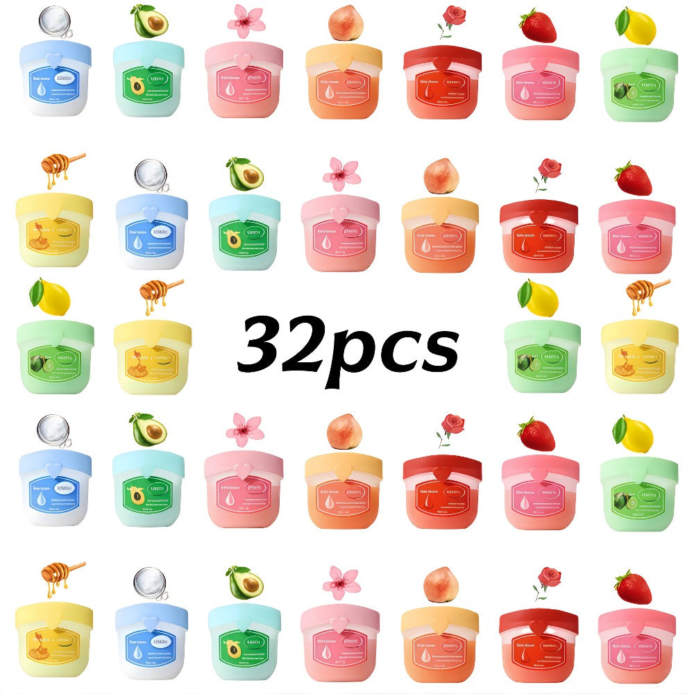 32-Piece Mini Pot Lip Balm Set with Eight Pictured Colors in Four Boxed Assortments and Heart Carton