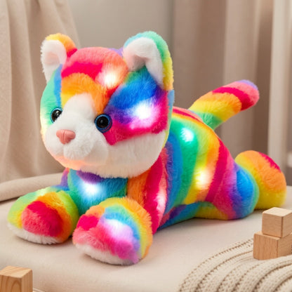 Plush Toy Rainbow Cat with LED Glow and Optional Music for Colorful Kawaii Room Display and Gifting