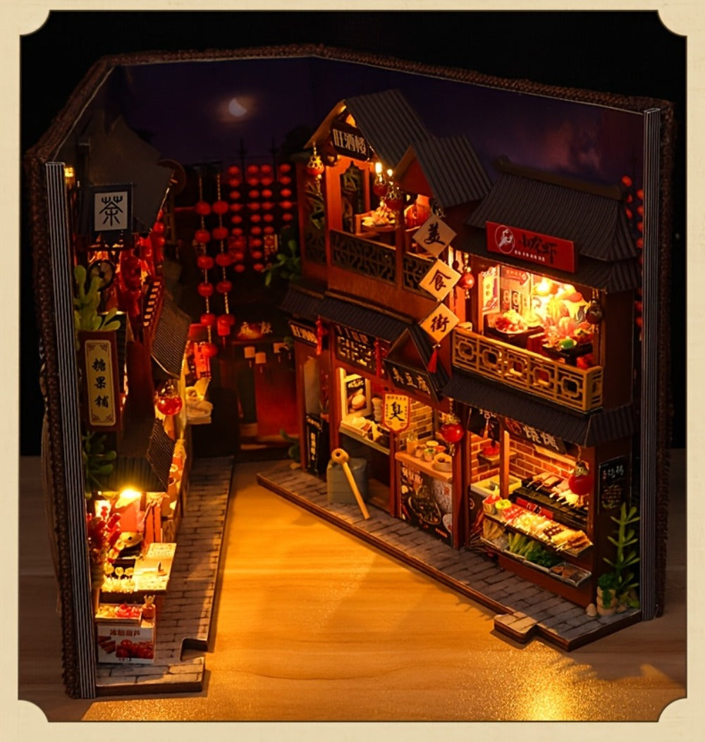 Book Nook Kit Chinese Food Street Miniature Dollhouse 3D Wooden Puzzle Bookshelf Insert DIY Model Building Set for Adults Teens