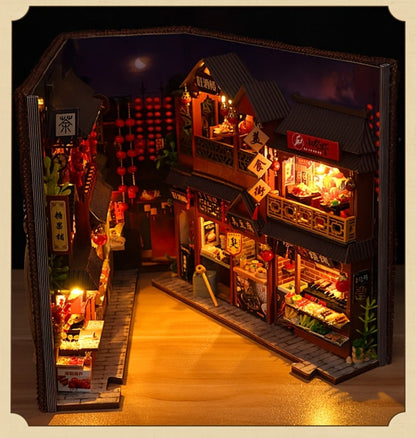 Book Nook Kit Chinese Food Street Miniature Dollhouse 3D Wooden Puzzle Bookshelf Insert DIY Model Building Set for Adults Teens