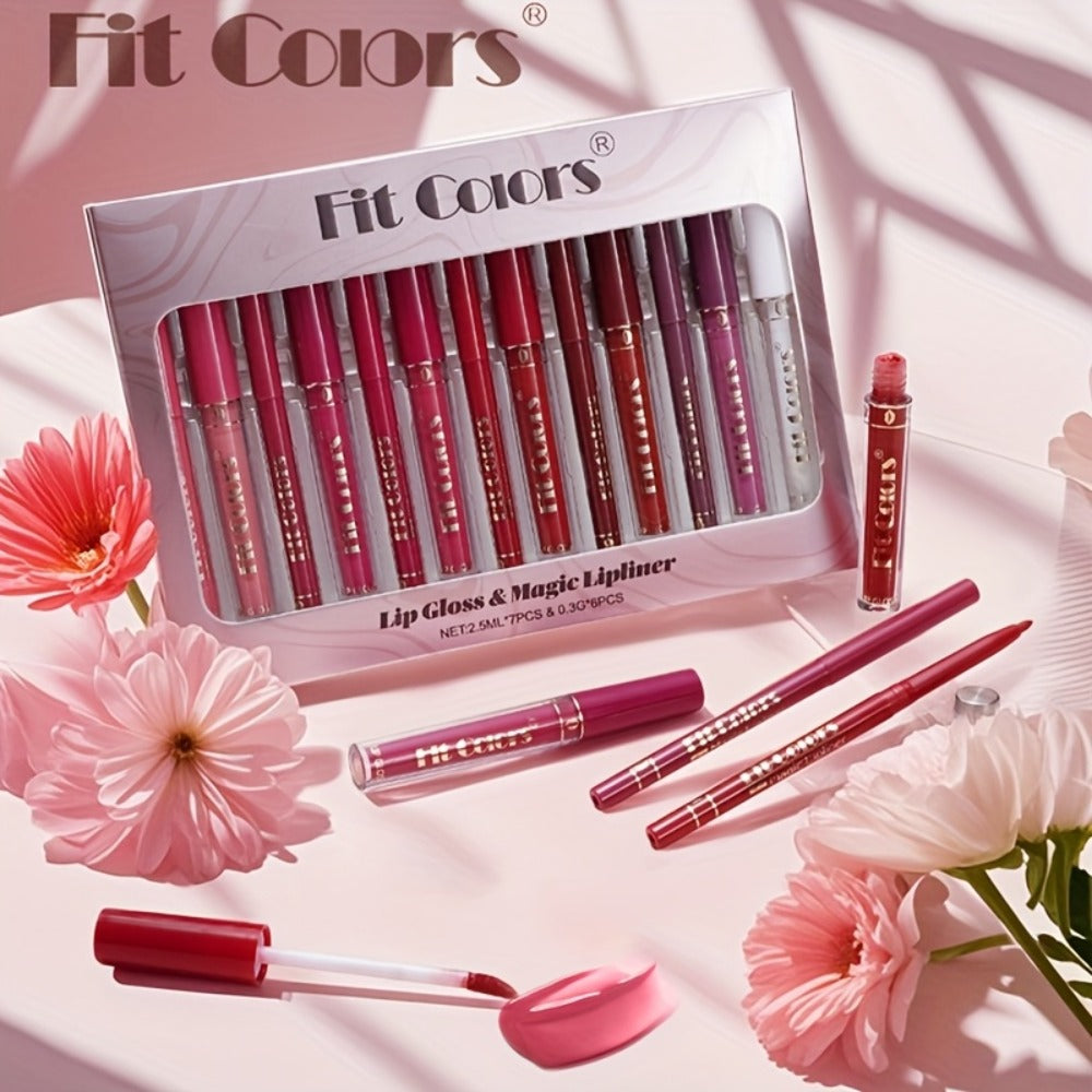 Lip Liner and Lip Gloss Kit 13 Piece Matte Non-Stick Waterproof Pigmented Long-Lasting Moisturizing Lip Glaze Combo Set for Defined Glossy