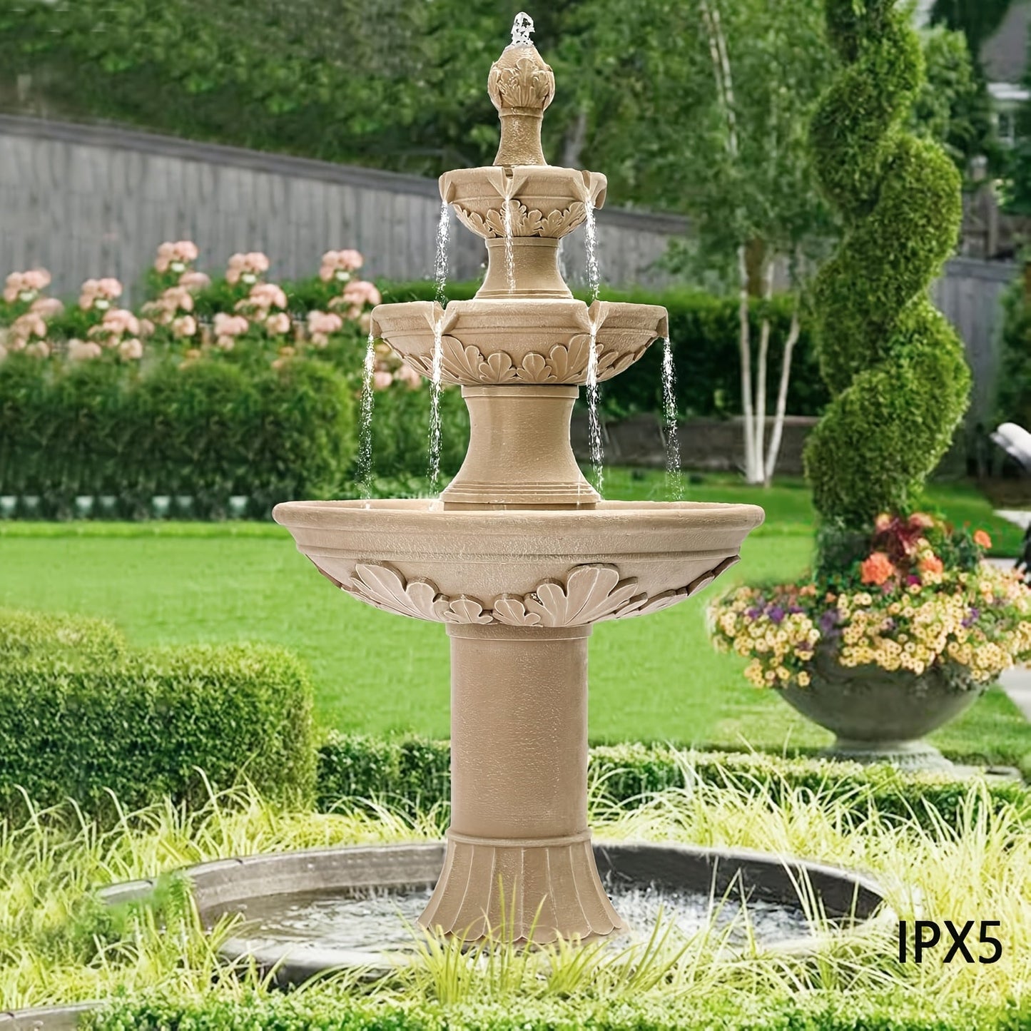 Outdoor Water Fountain 3-Tier 48.4" – Italian Cascading Garden Fountain with Carved Flowers, IPX5 Pump, Large Floor-Standing Resin Bubbler