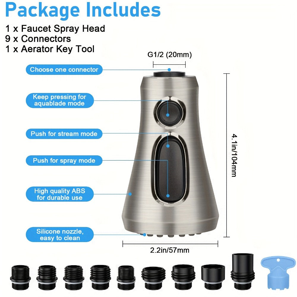 Kitchen Faucet Sprayer Head 3 Function Pull Down Replacement with 9 Adapter Kit Stream Spray for Home Plumbing Maintenance and Repair