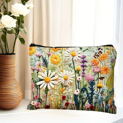 Makeup Bag Four-Piece Daisy Floral Foldable Zipper Pouch Set for Travel, Vanity and Everyday Beauty Storage