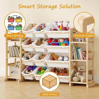 Kids Storage Organizer with 12 Bins and Bookshelf - Wooden Toy Chest Cubby Unit for Playroom Bedroom