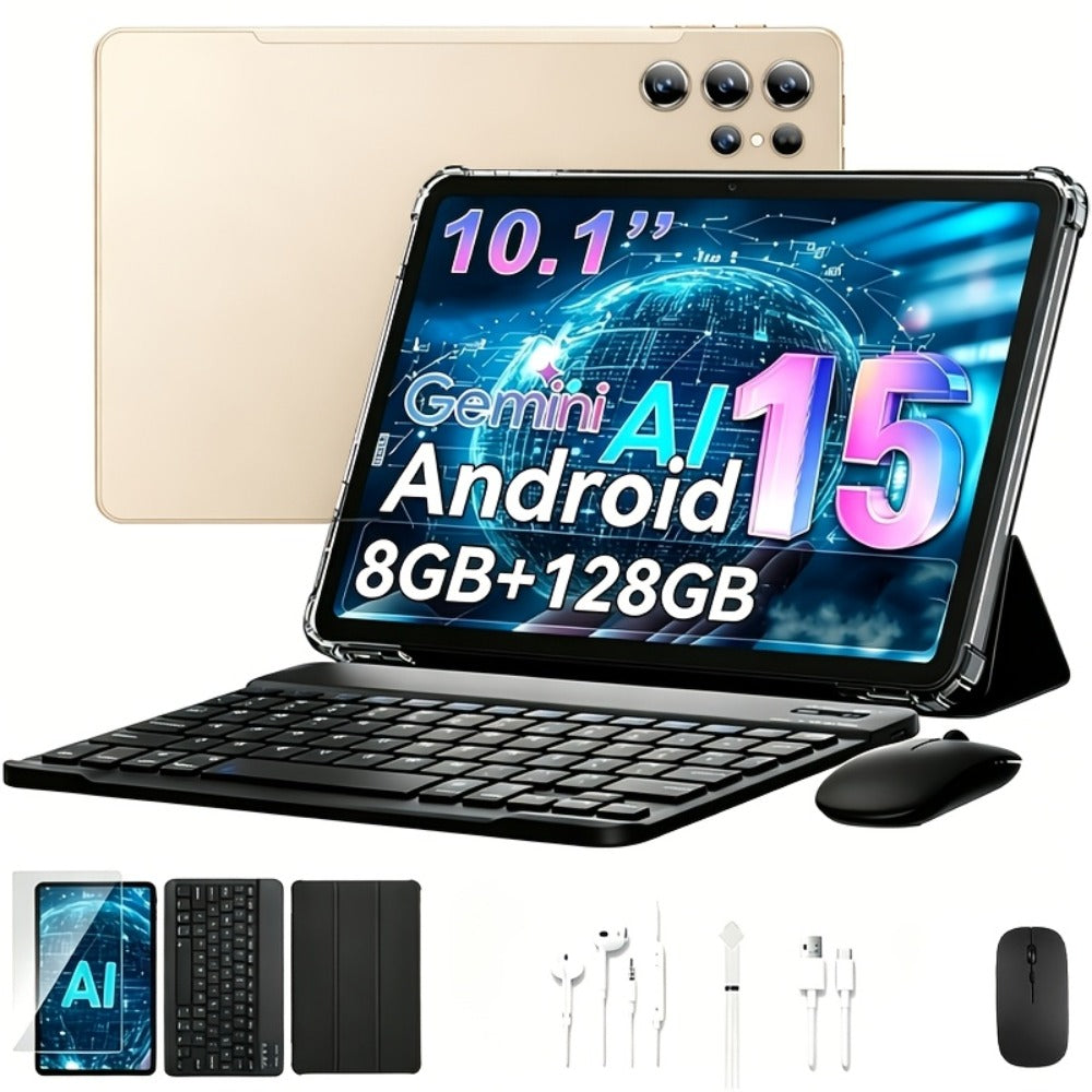 2-in-1 Tablet with Keyboard Android 15, 10.1 Inch 8GB RAM 128GB ROM 8000mAh Battery, 5G WiFi 16MP+5MP Dual Camera FHD IPS Display