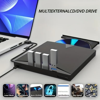 7-in-1 External DVD Drive USB 3.0 with 4 USB Ports & Dual TF/SD Card Reader - High-Speed CD/DVD Burner for Laptop Mac PC