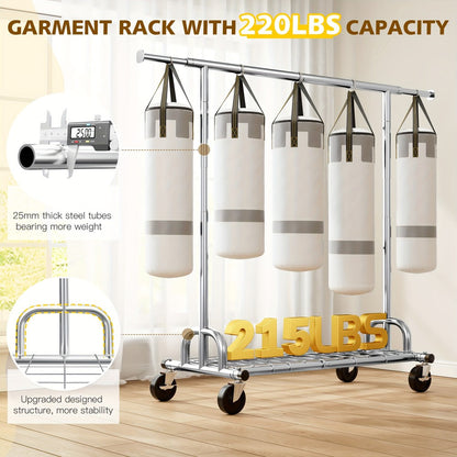 Heavy Duty Rolling Clothes Rack with Wheels – Adjustable Garment Rack 260LBS Capacity, Extendable 51"-75" Wide