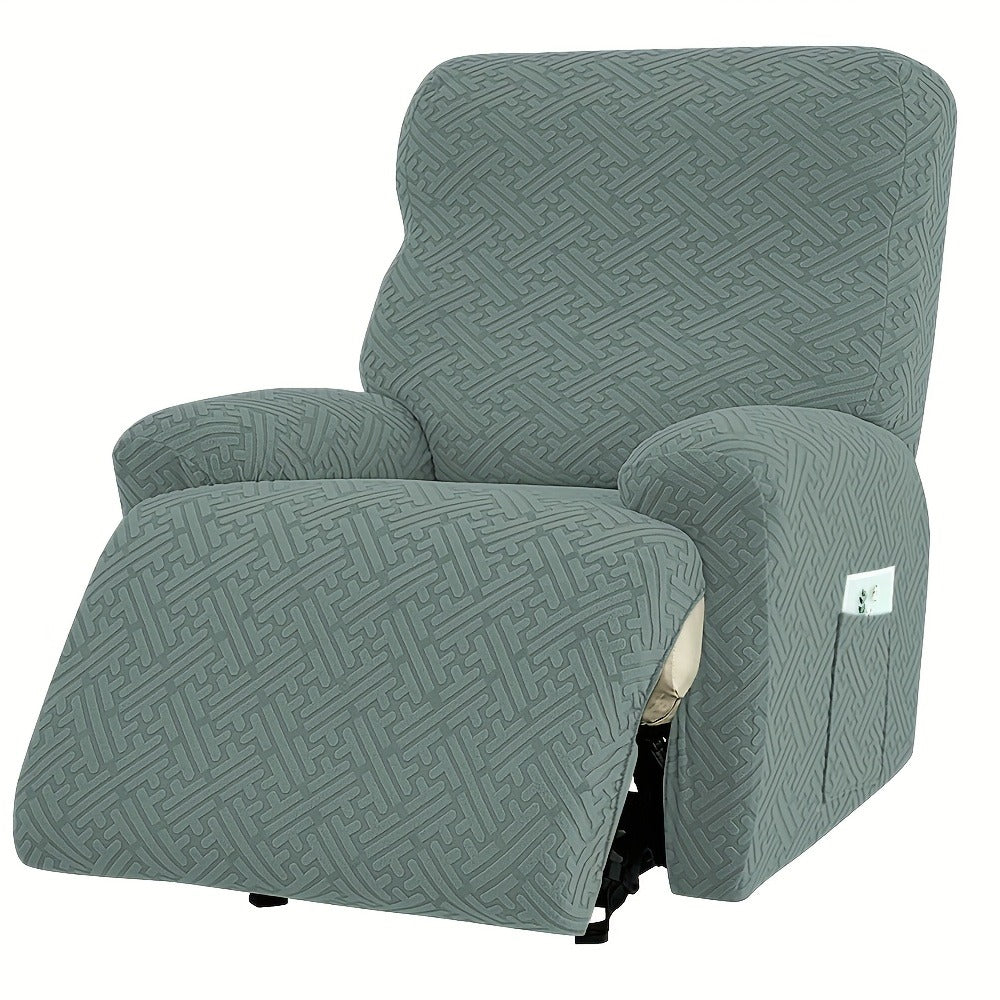 Four-Piece Maze Jacquard Recliner Chair Cover Set with Side Pocket and Nine Solid Color Options