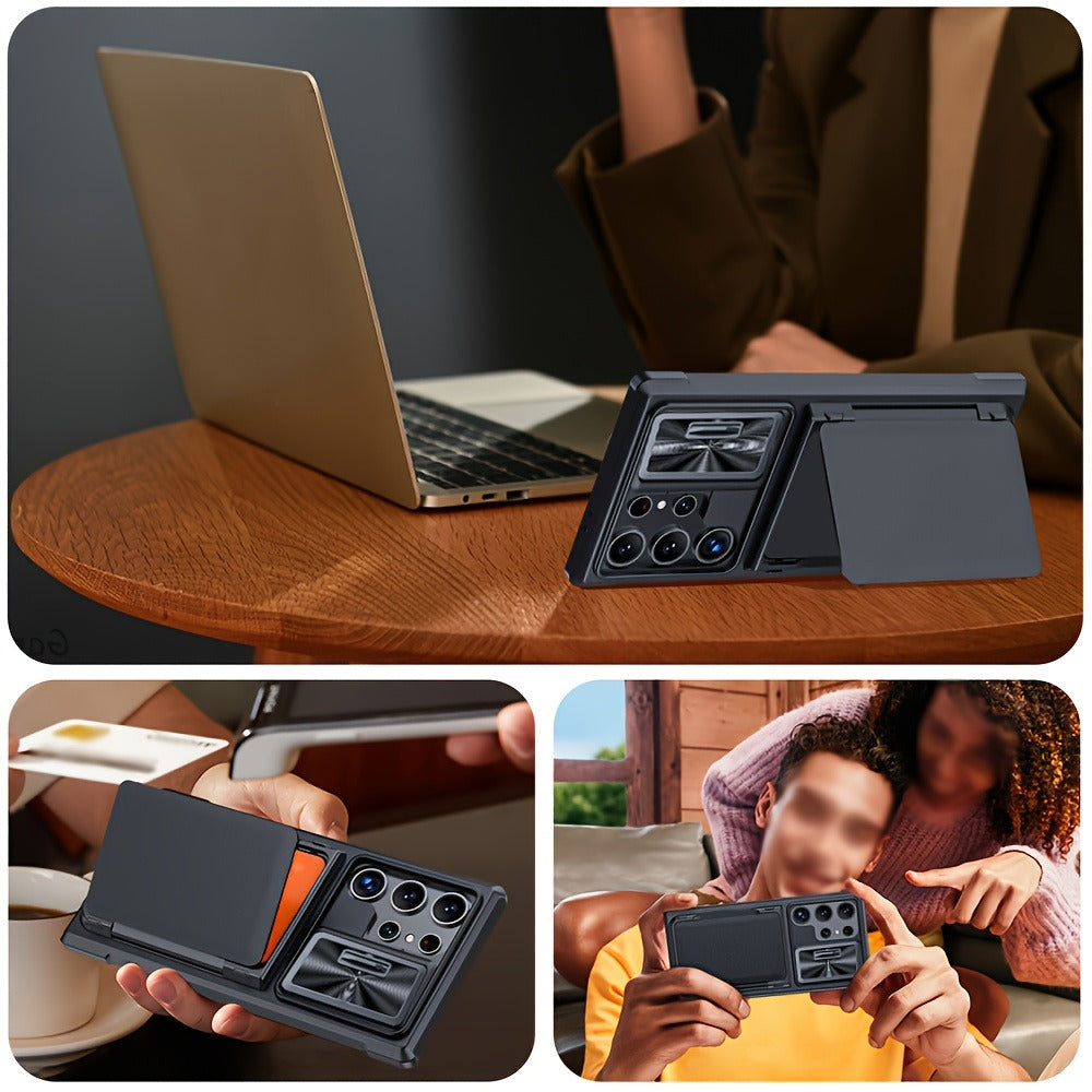 Phone Case Wallet with 4–5 Card Holder, Multi-Angle Stand and Sliding Lens Cover for Galaxy S24 Ultra