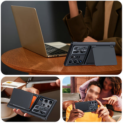Phone Case Wallet with 4–5 Card Holder, Multi-Angle Stand and Sliding Lens Cover for Galaxy S24 Ultra