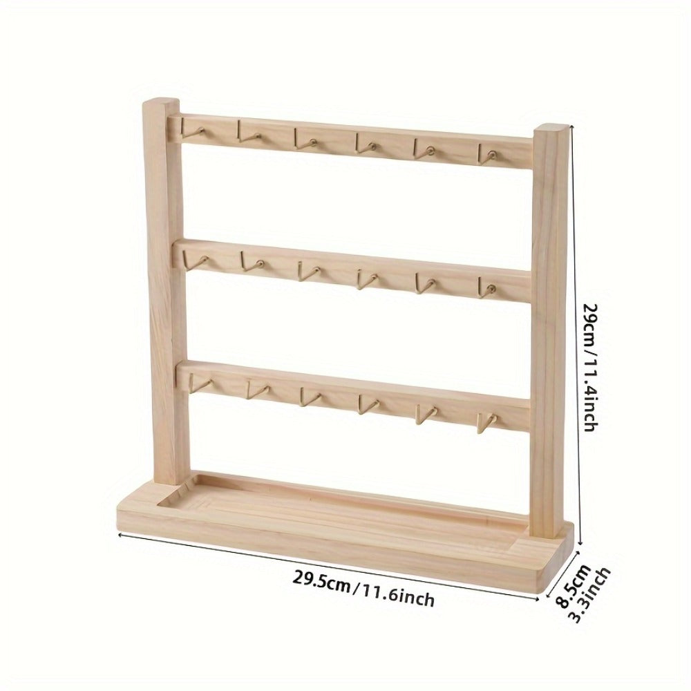 Jewelry Display Stand Multi-Layer Wooden Earring Holder Rack with Hooks Desktop Organizer for Entryways, Bedrooms and Living Spaces