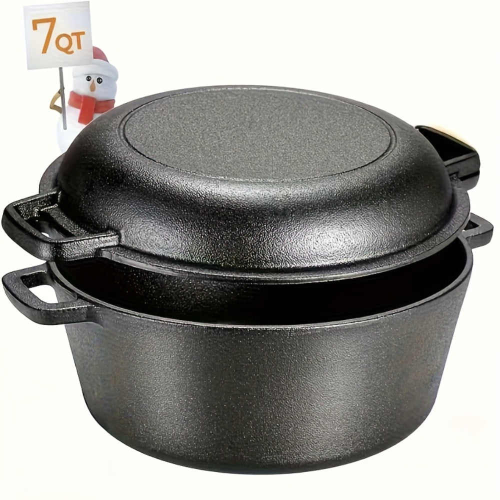 Cast Iron Dutch Oven Set 5.1QT & 7QT with Skillet Lid – Pre-Seasoned 2-in-1 Cookware for Stovetop, Induction, Oven, Campfire & BBQ