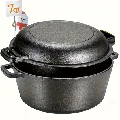 Cast Iron Dutch Oven Set 5.1QT & 7QT with Skillet Lid – Pre-Seasoned 2-in-1 Cookware for Stovetop, Induction, Oven, Campfire & BBQ