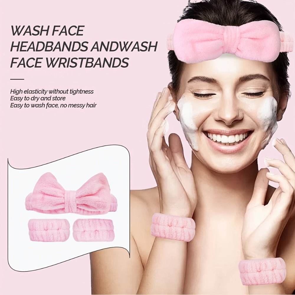 Facial Cleansing Massage Set 7Pcs Silicone Face Brush Double-Headed Roller Massager Heart Scraping Board Wristbands Hair Band Pink Storage