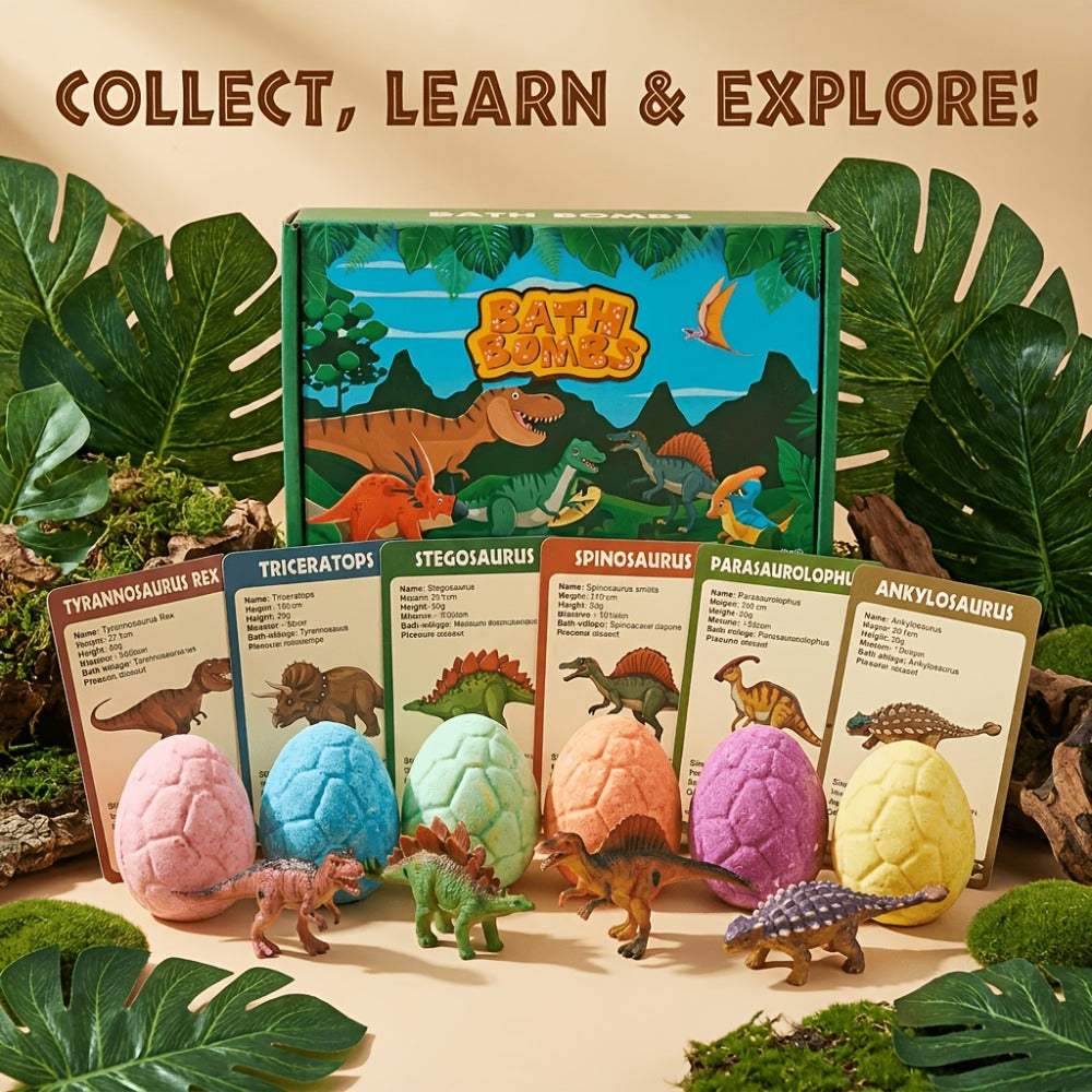 Bath Bombs, 6-Piece Dinosaur Surprise Set with Colorful Round Fizzers, Hidden Dinosaur Toys and Gift Box