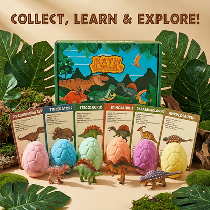 Bath Bombs, 6-Piece Dinosaur Surprise Set with Colorful Round Fizzers, Hidden Dinosaur Toys and Gift Box