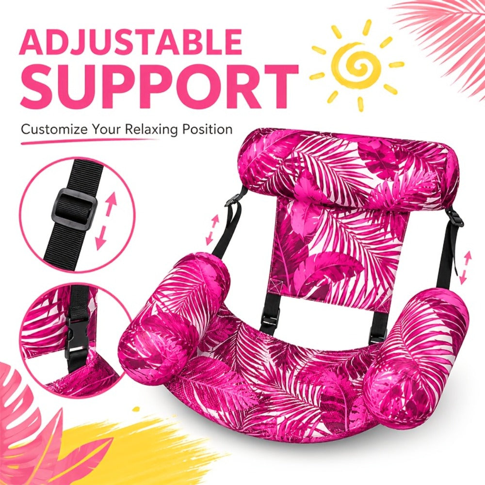 Pool Float Tropical Leaf Lounge Chair with Sling Seat, Inflatable Side Bolsters and Adjustable Headrest