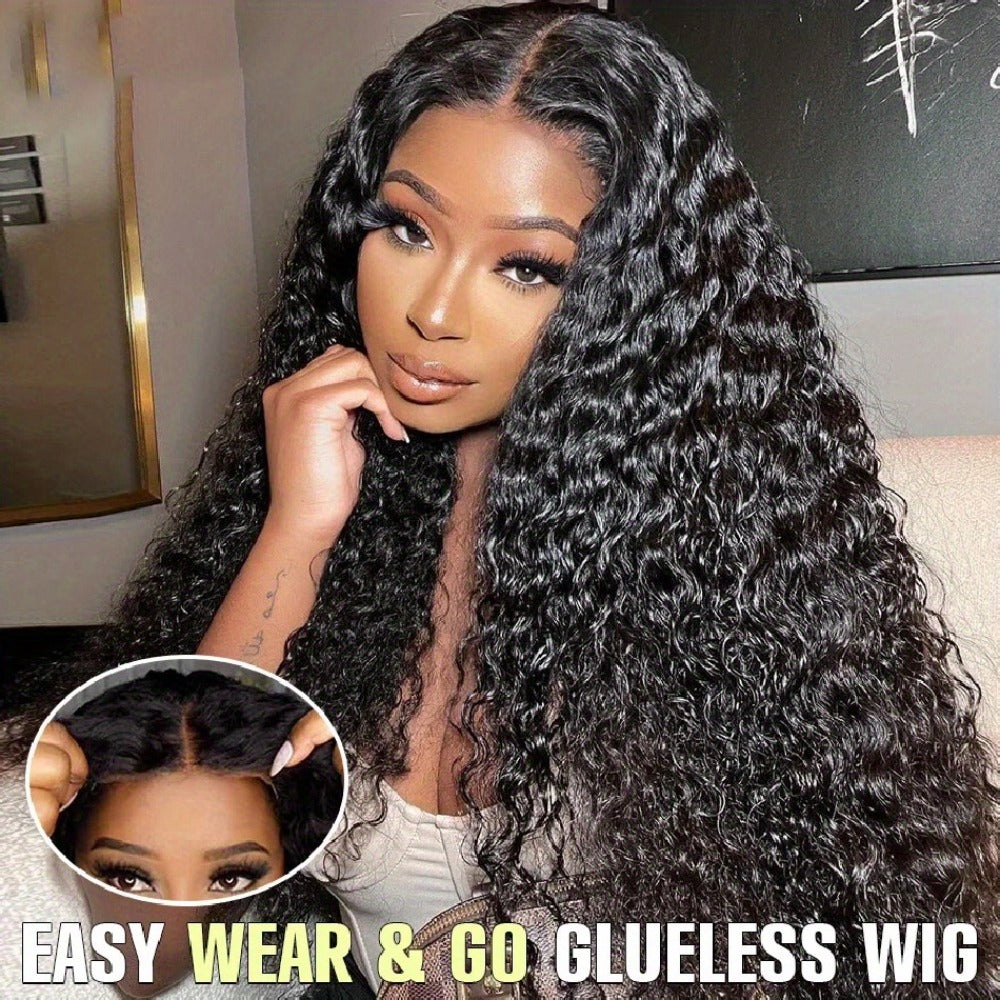 Lace Front Wig Deep Wave Human Hair, 28- or 34-Inch Natural Black with 13x4 HD Front and 250% Density