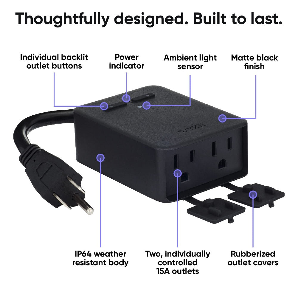 Wyze Outdoor Smart Plug Dual Independent Outlets, WiFi, Energy Monitoring, Built-in Light Sensor
