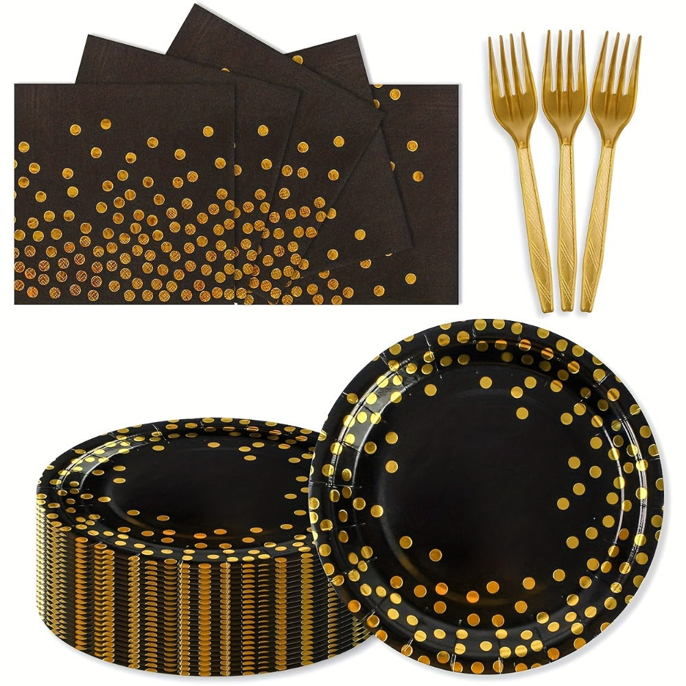 Disposable Party Supplies Set 150 Piece Black and Gold – Paper Plates, Napkins & Forks for 50 Guests, Elegant Tableware for Birthday