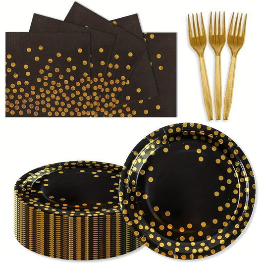 Disposable Party Supplies Set 150 Piece Black and Gold – Paper Plates, Napkins & Forks for 50 Guests, Elegant Tableware for Birthday