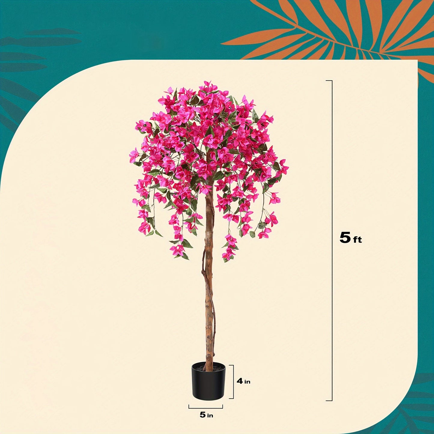 Artificial Bougainvillea Tree, 5-Foot Pink Flowering Plant with Wood-Look Trunk and Black Base Pot