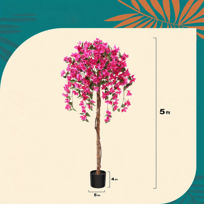 Artificial Bougainvillea Tree, 5-Foot Pink Flowering Plant with Wood-Look Trunk and Black Base Pot