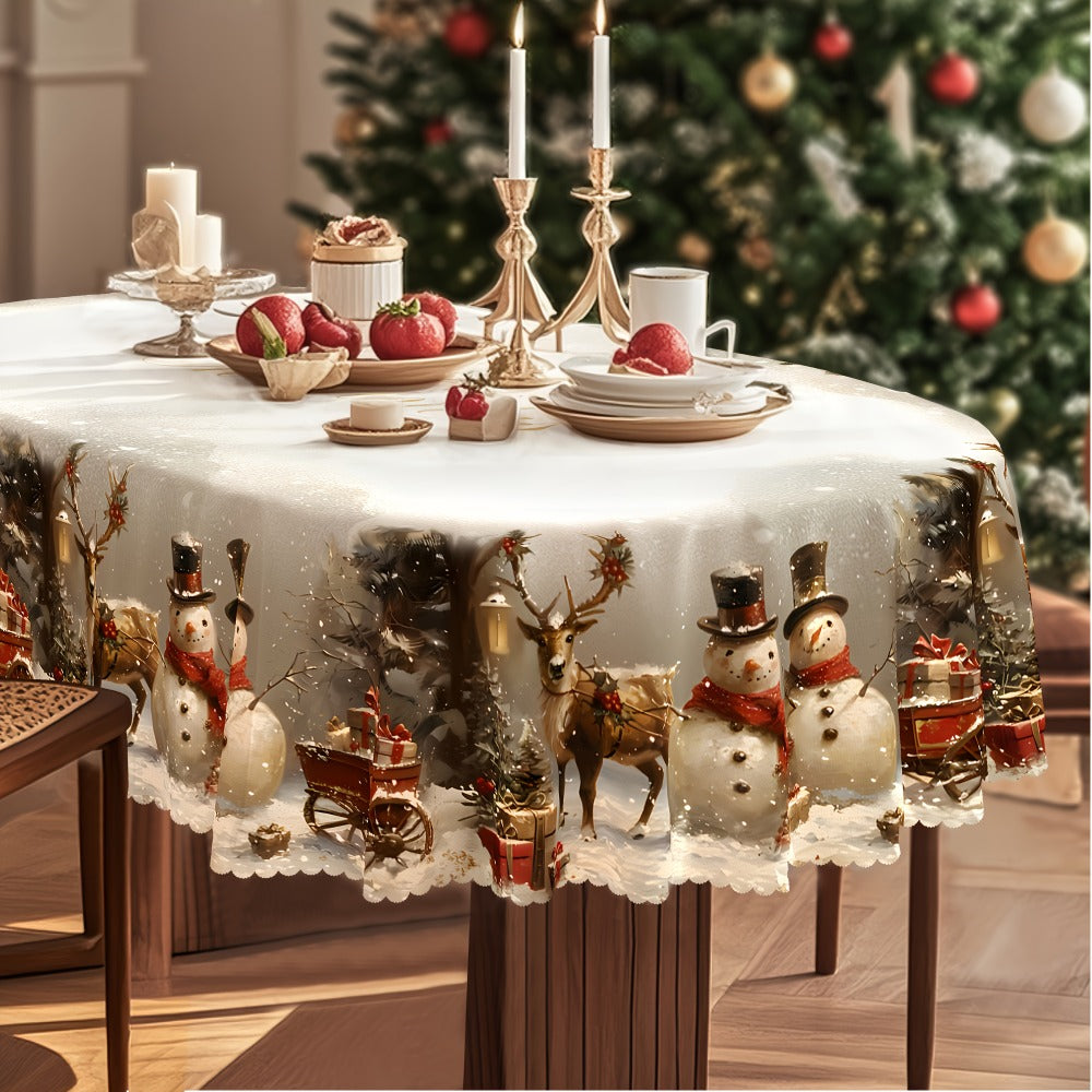 Tablecloth with Snowman, Reindeer and Christmas Tree Print in Round, Oval and Rectangle Sizes