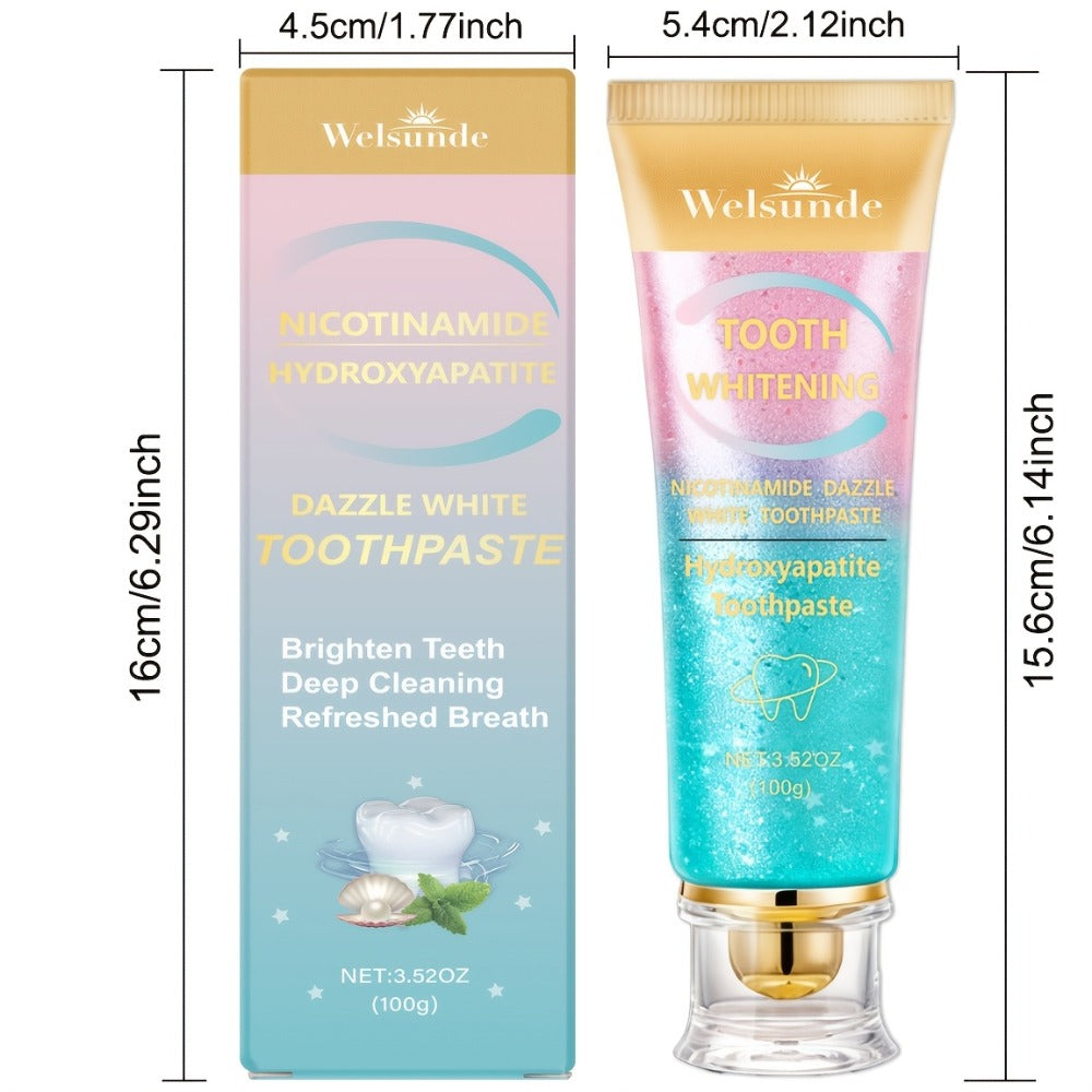100g Mint Peach Toothpaste Tube with Niacinamide and Hydroxyapatite Highlighted on Box and Label