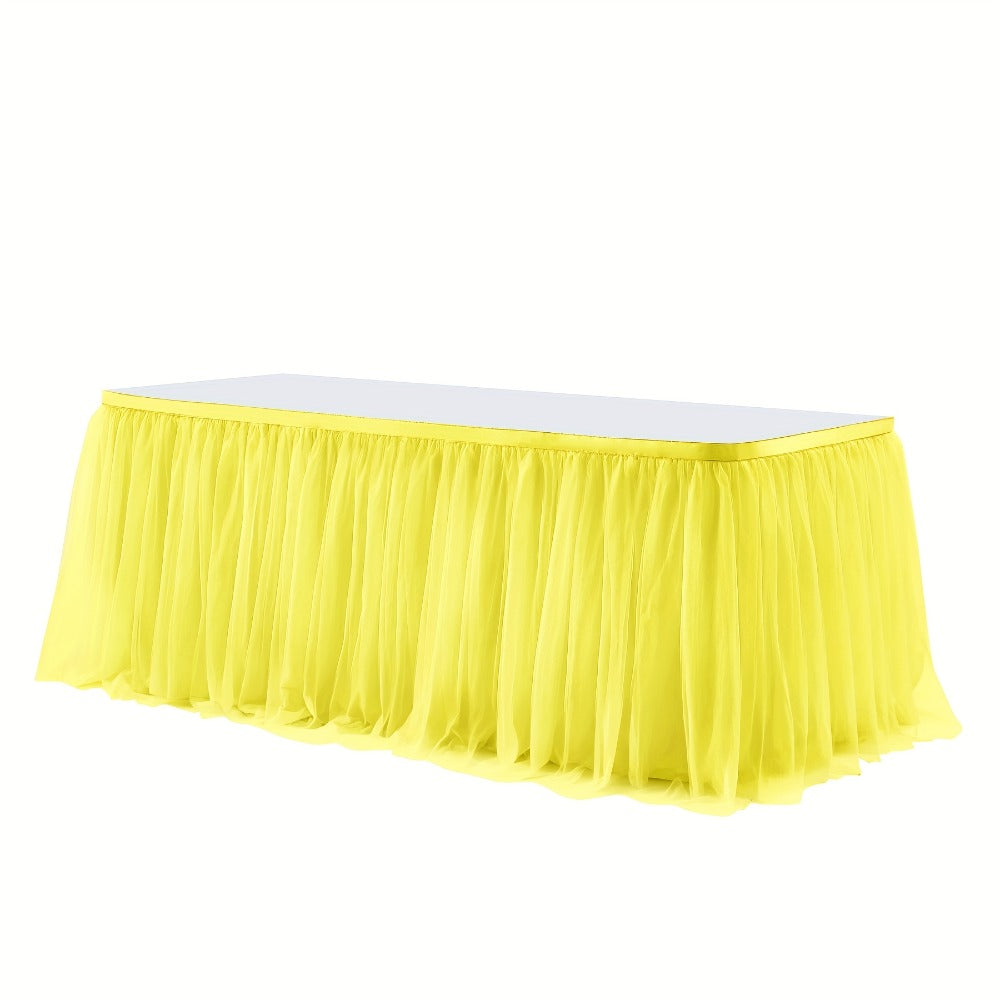 Six-Foot Gathered Tulle Table Skirt with Ten Solid or Multicolor Options for Parties and Events