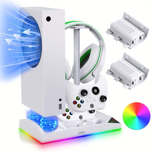 RGB Console Stand Compatible with Xbox Series S, Dual Controller Charging Bays and Two 1400mAh Battery Packs