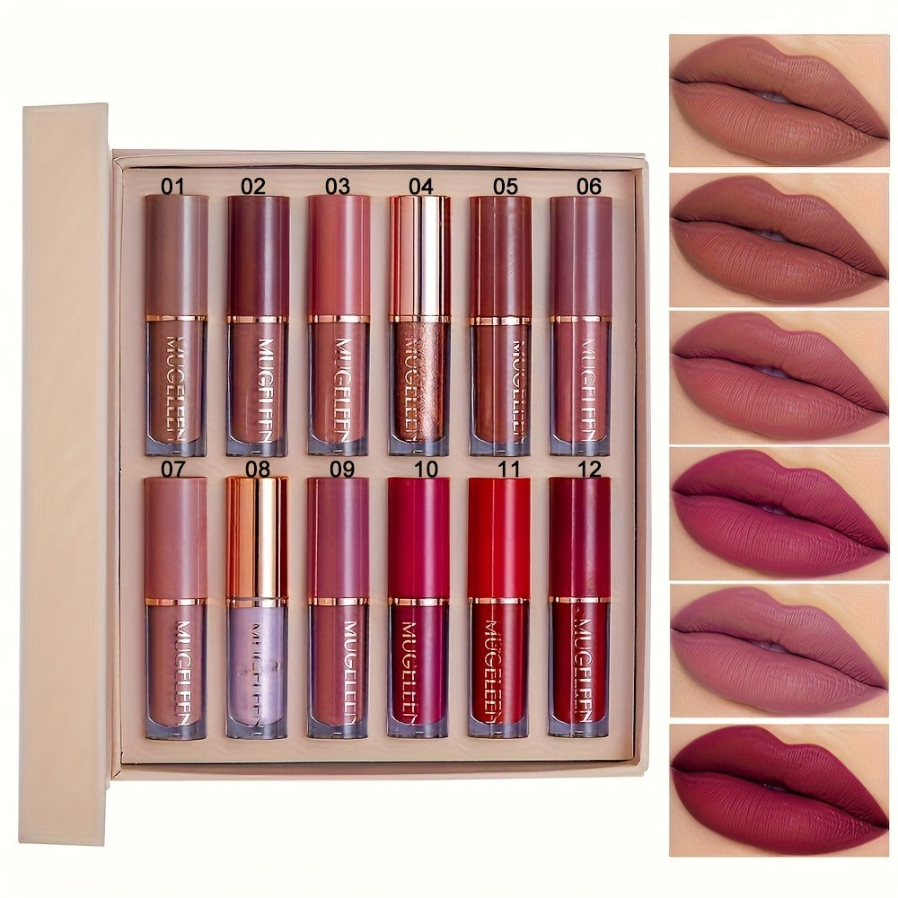 Non-Stick Matte Lip Gloss Set 12 Pcs Non-Fading Long-Lasting Liquid Lipstick Assorted Colors with Wand Applicator